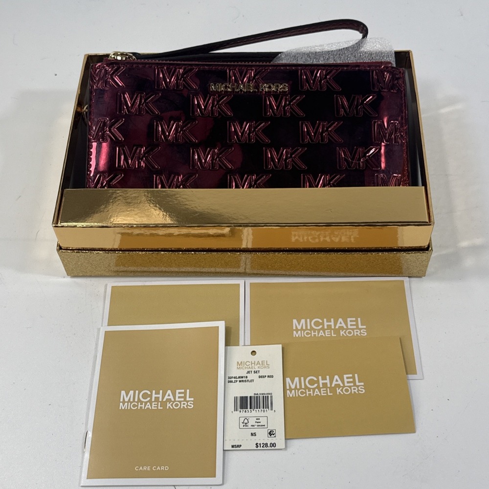 Michael Kors Burgundy Wristlet Wallet MK Logo Zip w/ Wrist Strap Credit Card New